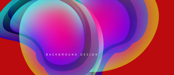 Abstract fluid shapes overlap, creating vibrant color gradients. Red background emphasizes dynamic composition. Modern design element.