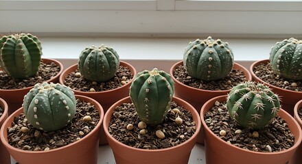 Close up view of multiple potted cacti displayed indoors near a window