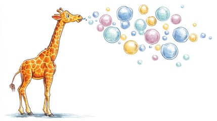 A cartoon giraffe, light brown with dark spots, blows pastel-colored bubbles of various sizes; a whimsical, childlike illustration on a white background