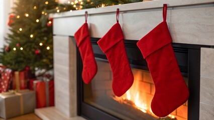 Fireplace with hanging stockings. Merry Christmas concept. Suitable for marketing or business purposes	