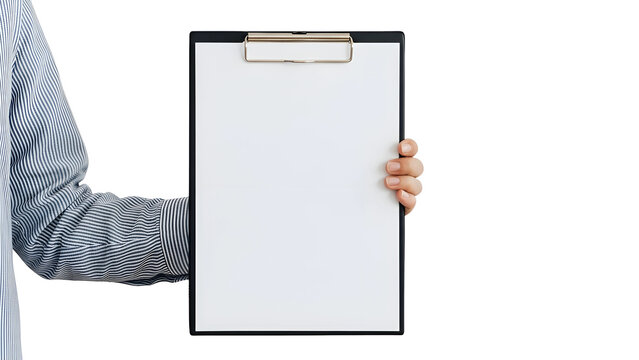 Hand holding clipboard mockup blank paper document business form presentation template isolated white on transparent background