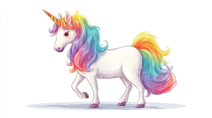 Unicorn with rainbow mane/tail walking against plain backdrop