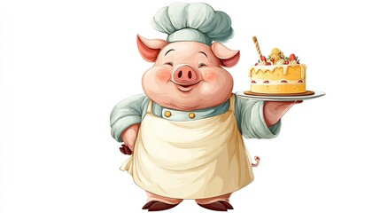 A cheerful pig chef, wearing a toque and apron, proudly presents a delicious-looking layered cake adorned with strawberries and a pastry stick on a silver platter against a white background