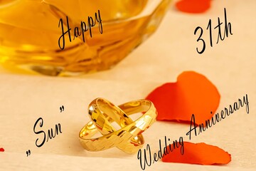 Wedding Rings in Warm Golden Light &ndash; 31st Wedding Anniversary. Gold wedding rings illuminated by warm, radiant light, symbolizing energy, happiness, and sun wedding anniversary.