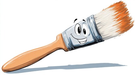 A cartoon paint brush with a smiling face, orange paint on its bristles, and a wooden handle