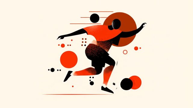 Stylized, abstract illustration of a running figure in red and black with geometric shapes