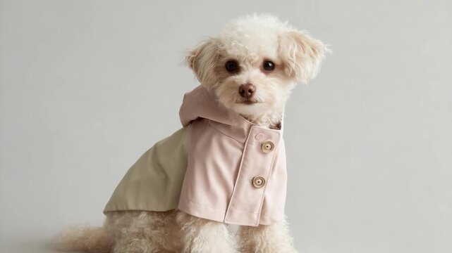 A small fluffy white dog wearing a pastel pink coat, posing on a neutral background.