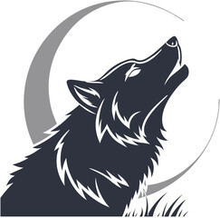 Howling wolf head silhouette vector icon with moon, perfect for outdoor gear branding, hunting logos, sports mascots, and wildlife tattoos.