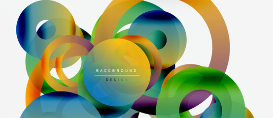Abstract colorful circles overlap, creating dynamic visual effect. Gradient hues blend, forming modern background design.