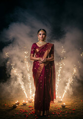 Beautiful indian woman in traditional attire with fireworks and diyas during a festival celebration
