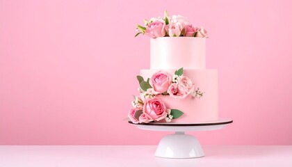 Pink two-tiered cake with floral decorations