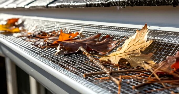 Fall leaves clogging a gutter protected by a mesh guard on a residential house, during autumn season
