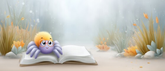 Vibrant Halloween Illustration of a Friendly Spider on an Open Book Surrounded by Autumn Foliage in a Mysterious Setting