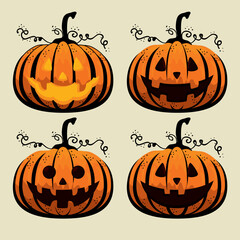 Collection of Halloween Pumpkins with Different Carved Jack O Lantern Faces