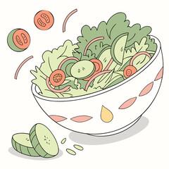 A bowl of fresh salad with cucumbers and tomatoes