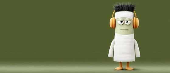 Whimsical Minimalist Halloween Illustration of a Mummy Character with Headphones on a Green Background