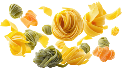 Various pasta shapes in a dynamic arrangement