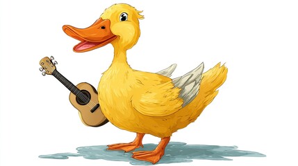 A cheerful yellow duckling, holding a small ukulele, stands on a light grey ground against a white background.  Its beak is open in a joyful expression