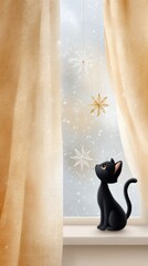 Whimsical Watercolor Illustration of a Playful Black Cat Gazing at Sparkling Snowflakes Through a Window