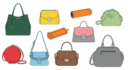 A collection of colorful handbags and accessories displayed against a white background.
