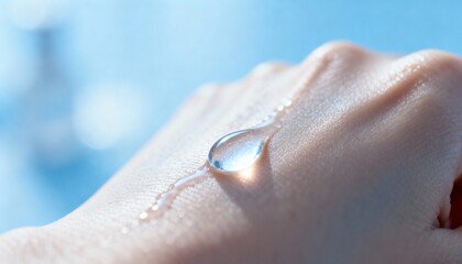 Closeup of a clear water drop resting on a persons hand with a soft blue background
