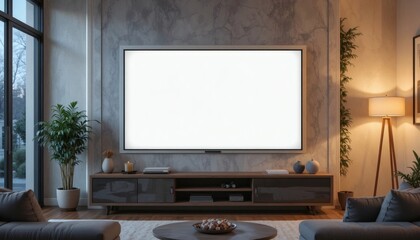 Fototapeta premium Create a cozy, modern living room design with a blank TV screen for your brand messaging and home entertainment promotion ideas