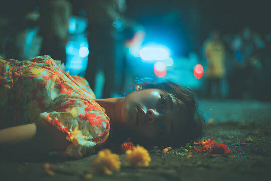 Unconscious girl fallen on ground after accident