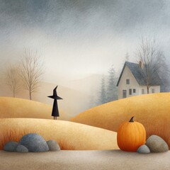 Enchanted Vintage Halloween Landscape with Witch, Pumpkin, and Scenic Hillside in Soft Pastel Colors