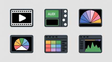 Flat Design Multimedia Editing Icons for Video and Audio Software 