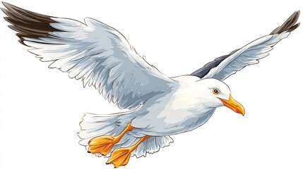 A stylized illustration of a seagull in flight