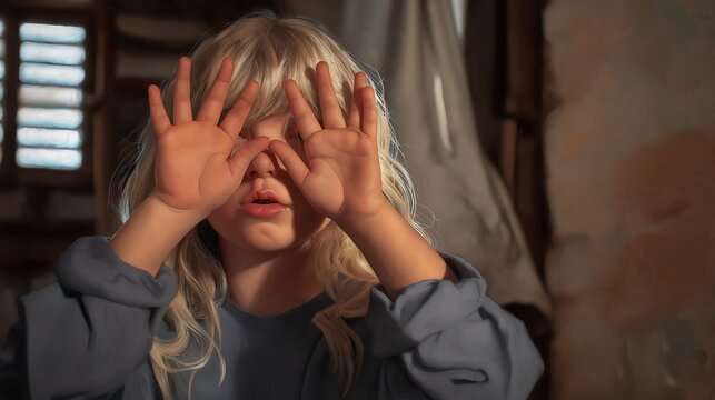 A close-up photograph of a young, blonde girl with her hands covering her face, peeking through her fingers. The indoor setting is rustic and dimly lit, emphasizing playfulness or shyness