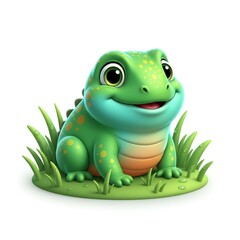 Fototapeta premium Cartoon frog sitting in grass with cheerful expression 