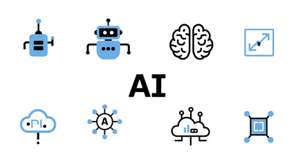 Artificial intelligence and technology blue line icon set

