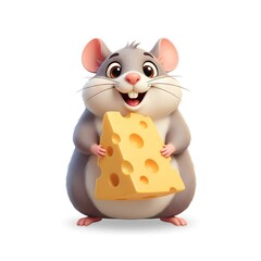 Cartoon rat happily holding a piece of cheese in its hands  