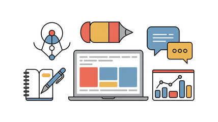 Blogging, content creation, and analytics line icon set

