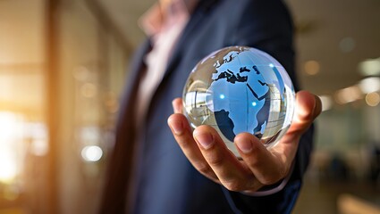 Businessman holding a globe representing global business and international relations