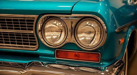 Closeup of a classic turquoise car with chrome details and round headlights