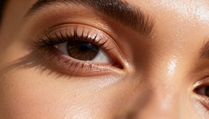 Fototapeta premium Closeup macro shot of a beautiful brown eye with long lashes and glowing skin, natural light