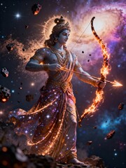 Naklejka premium Lord rama aiming his fiery arrow in a cosmic, starry background with glowing particles