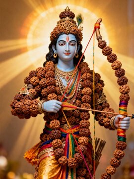 Lord rama statue adorned with rudraksha beads, holding a bow and arrow, radiating divine light