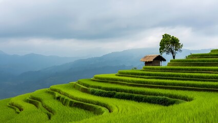 Lush rice terraces with hut and tree under cloudy sky in mountainous landscape view