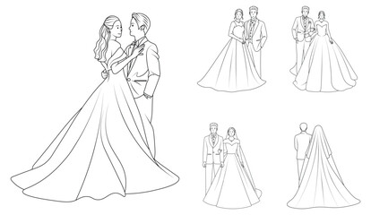 Bride and Groom Wedding Couple, Romantic Dance and Elegant Poses, Line Art Illustration Set.