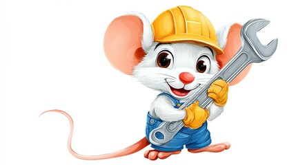 A cheerful cartoon mouse, wearing a yellow hardhat and blue overalls, proudly holds a large wrench