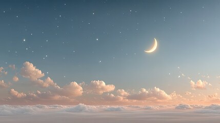 Glowing Crescent Moon Amidst Starry Night Sky Above Soft Clouds in Pastel Hues Gentle Ambient Light Beautiful Celestial Dreamscape Pixel Art