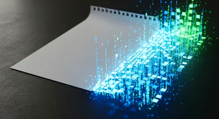A sheet of paper with half turning into glowing binary code or pixels, symbolizing the bridge between traditional creativity and digital transformation. © Love AI