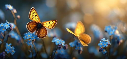 Two golden butterflies flit amongst clusters of forget-me-nots, bathed in warm sunlight
