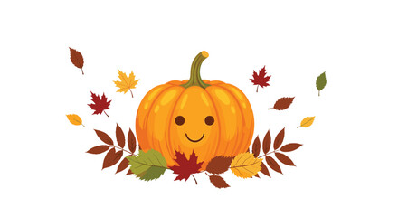 Naklejka premium A cute happy pumpkin with falling autumn leaves surrounding it.