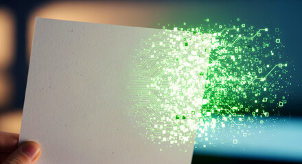 A sheet of paper with half turning into glowing binary code or pixels, symbolizing the bridge between traditional creativity and digital transformation.