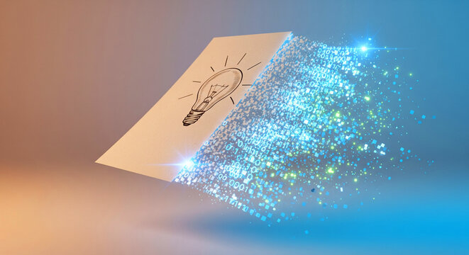 A sheet of paper with half turning into glowing binary code or pixels, symbolizing the bridge between traditional creativity and digital transformation.
