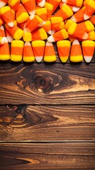 Candy corn piled on a wooden surface